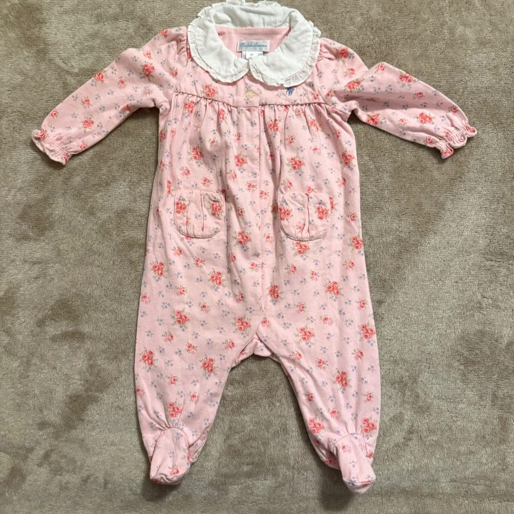 Ralph Lauren Baby Girl Pink Floral Footed Sleeper Peter Pan Collar 3M